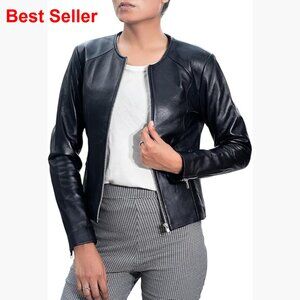 Lambskin Leather Jacket Slim Fit Round Neck Lightweight